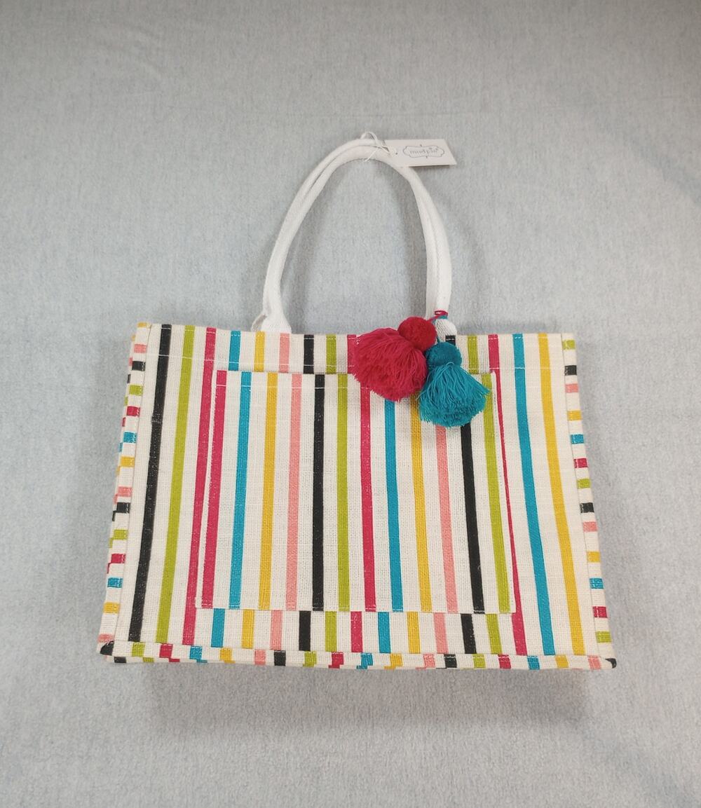Mud Pie Essentials Jute Burlap Tote Bag Multi‑Color Stripe 18x14 NEW 2 Pockets